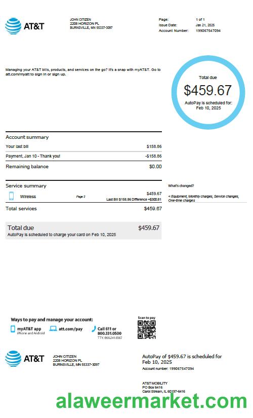 USA AT&T utility bill template in Word and PDF formats, version 3